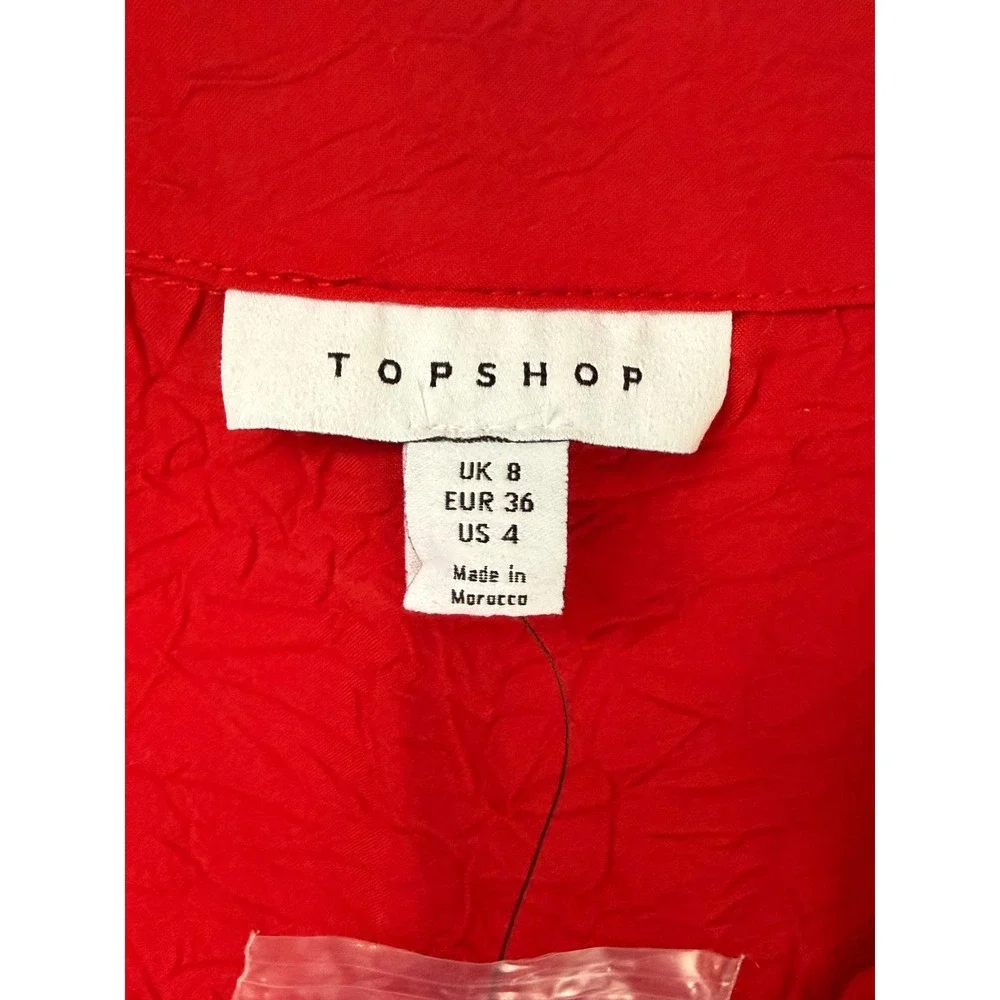 Topshop Red Crinkle Tie Front Blouse Long Sleeve‎ V-Neck Top US 4